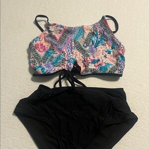 Floral High Neck Bikini Top with Black High-Waist Bottoms